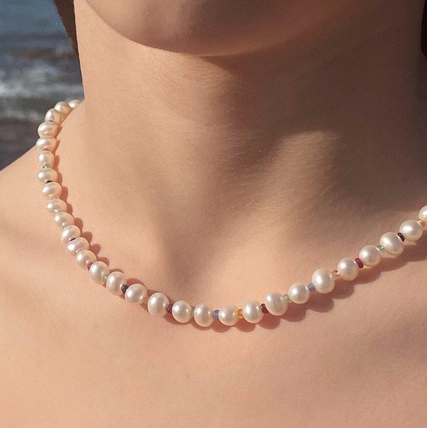 Pearl and Multicolor Sapphire gemstone Necklace