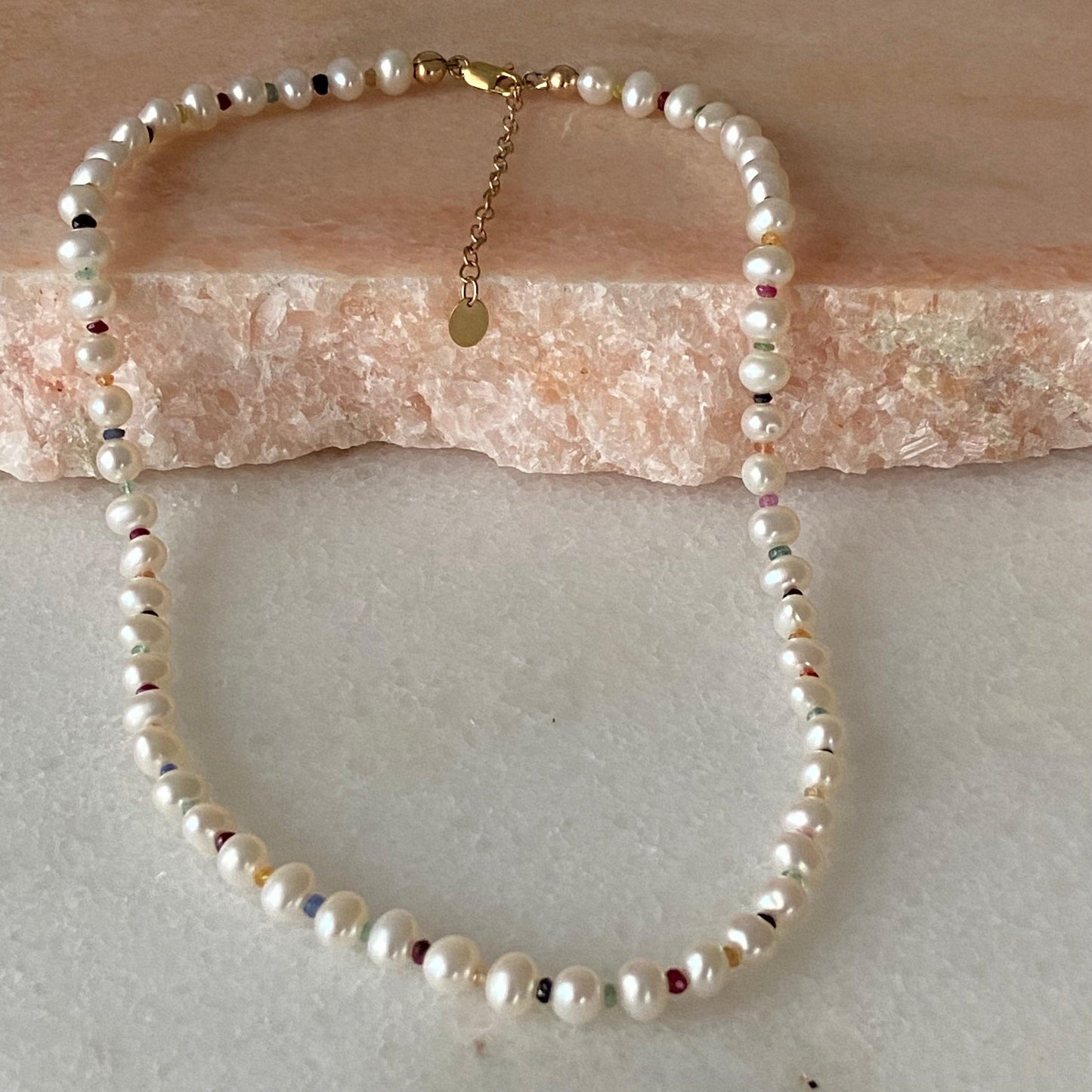 Pearl and Multicolor Sapphire gemstone Necklace